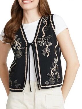 Driftwood Denim Floral Embroidered Vest Gilet Light Wash Blue Size M